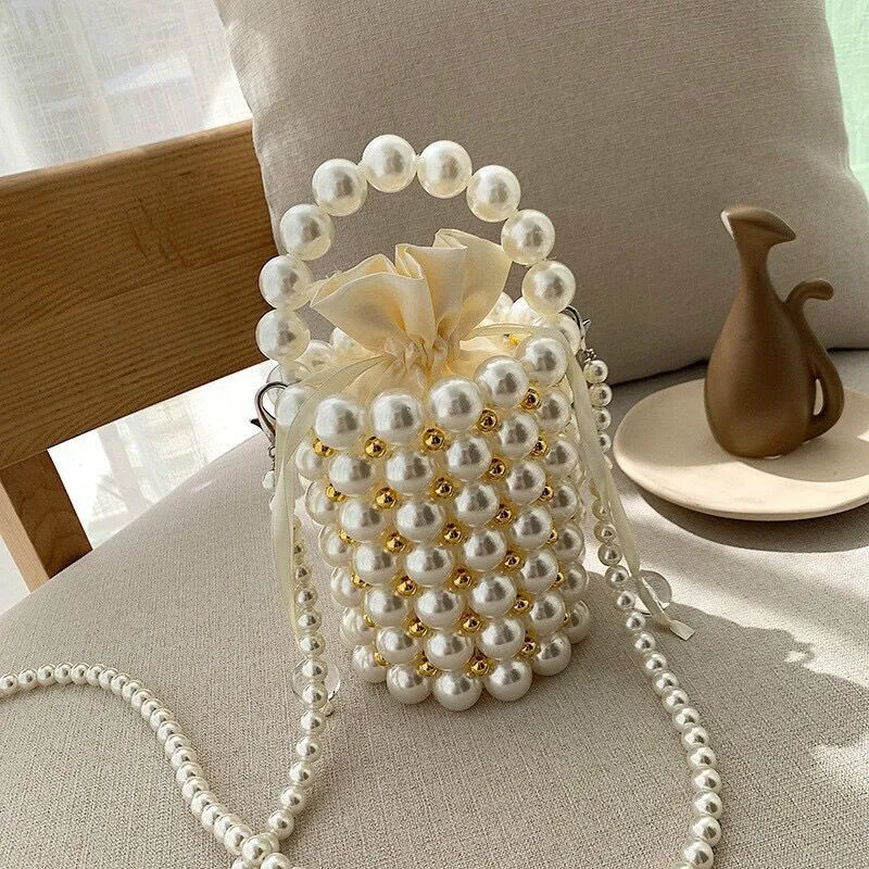 LAGO DE SAC Female Handmade Pearl Shoulder Tote Bag Trending Black Pearl Bucket Stone Purse Woman's Wedding Evening Handbag