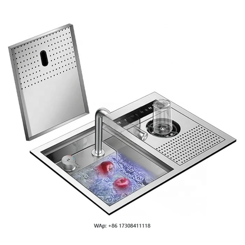 N5537X1 304 Brushed Hidden Glass Rinser Dual Catalyst Purification Steel Undermount Single Bowl Kitchen Sink