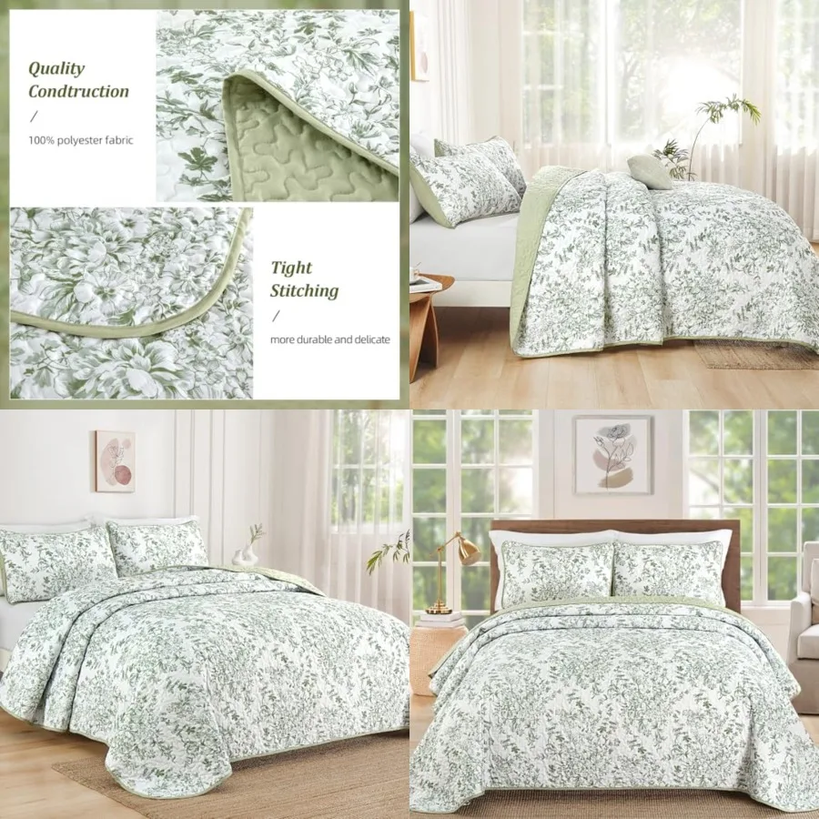 

Quilt King Size, Quilt Bedding Set with 2 Pillowcases, Botanical Quilt for King Bed, Soft Microfiber Lightweight Coverlet Bedsp
