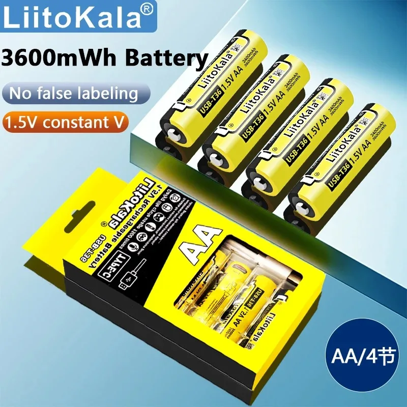 Liitokala USB-T36 1.5V AA 3600mWh Li-Ion Rechargeable Battery 1200 Cycle Type-C AA 2400mAh Battery with 4-in-1 USB Cable