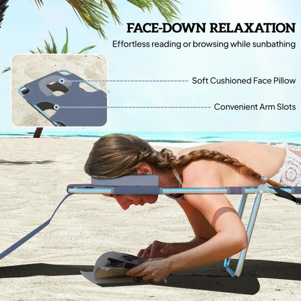 Tanning Chair With Face Hole 5-Level Adjustable Outdoor Chaise Lounge Chair With Pillow for Beach Pool Patio Backyard Summer Tanning Bed Folding Recliner Portable Heavy Duty Aluminum Frame UV Resistant Gray view 6