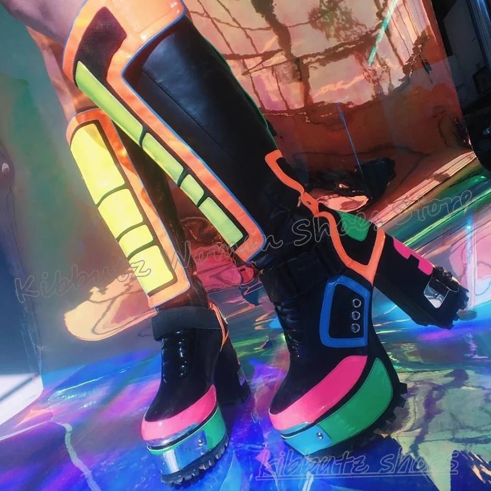 Knee High Boots Platform Belt Buckle Leather Mixed Color Fashion Luxury Elegant Comfortable Sexy Novelty Spicy Girls Shoes New - view 3