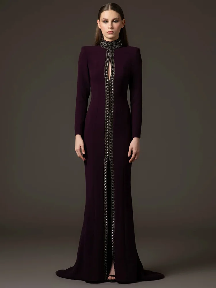 

HIGH STREET Newest Fashion 2025 Designer Party Women's Short Sleeve Stand-up Collar Luxurious Diamonds Beaded Long Maxi Dress