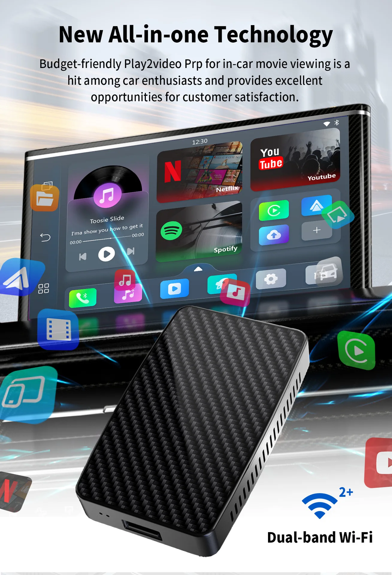 Play2Video Pro 3 en 1 inalámbrico CarPlay Android Auto AI Box - Plug & Play para automóviles con cable OEM Android 12 YouTube Netfli incorporado