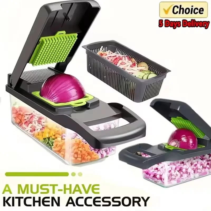 Picadora de verduras multifuncional 16/14 en 1, mango de rejilla para alimentos, picadora de alimentos, rebanadora de verduras, cortadora, artículos de cocina