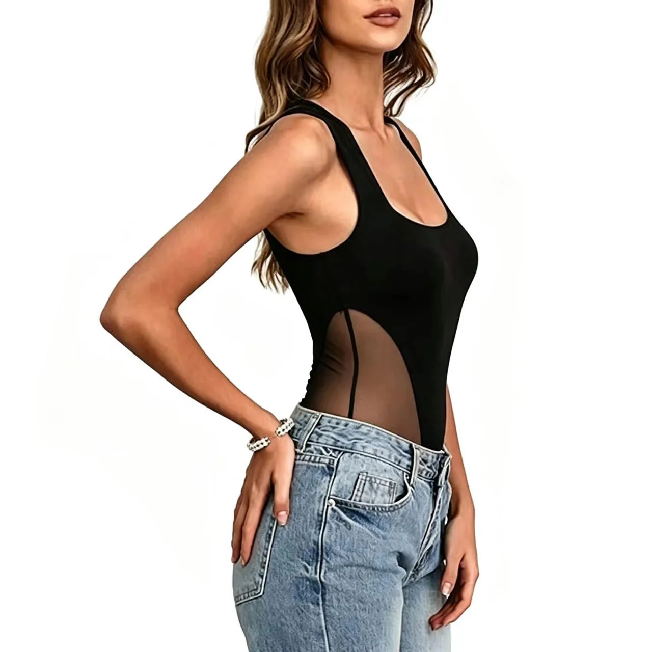 Cross-border Mesh See-through Onesie Slim and Thin Square Neck Sleeveless Vest with Bottom Top Cw41581