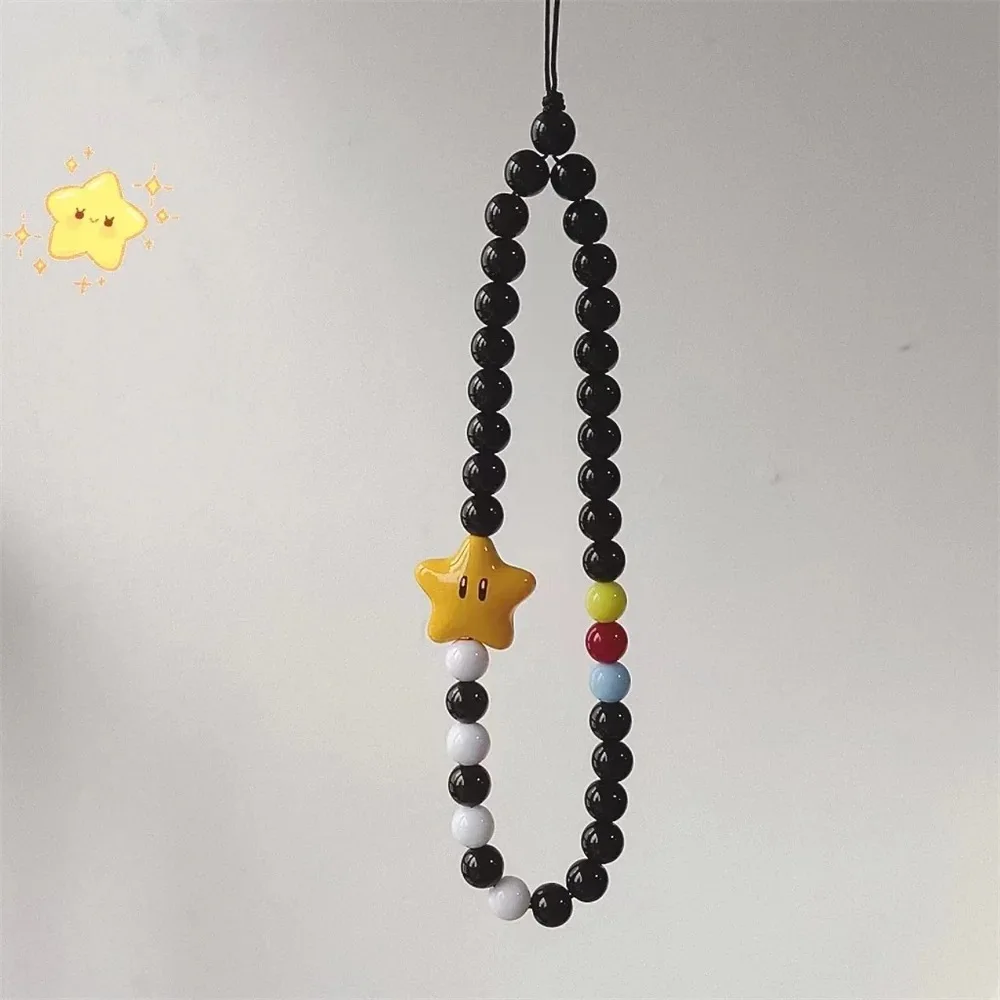 INS Dopamine Star Black Yellow Beaded Phone Charm Strap Pendant For iPhone Camera Accessrioes Chain Lanyard Girls Hanging Rope