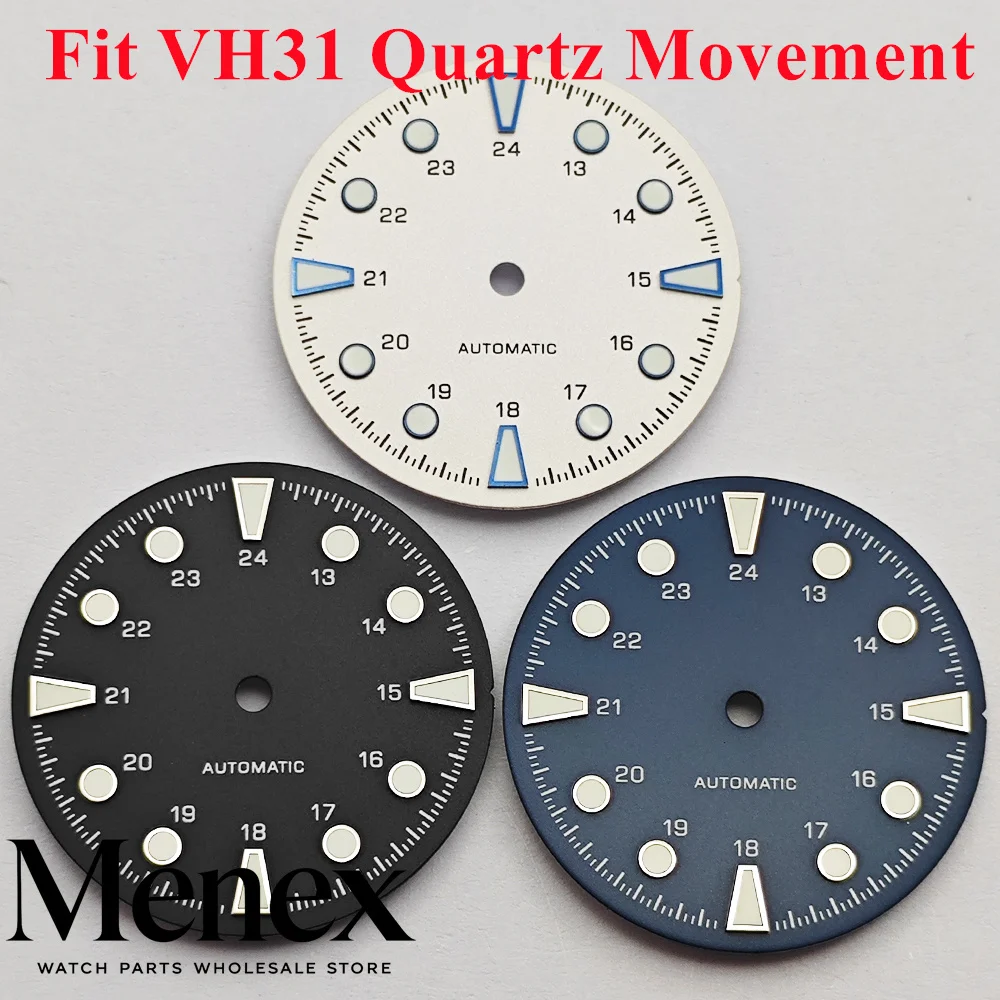 Menex 28,5mm Schwarz/Weißes Uhrenzifferblatt mit grüner Leuchtfunktion für VH31 Quarzwerk, Ersatzteil für Uhrenreparatur.