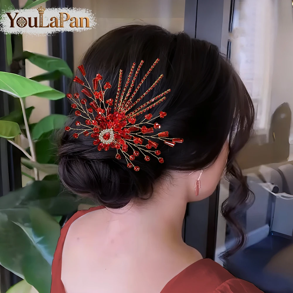 

YouLaPan Fashion Red Color Crystal Bride Hair Comb Handmade Wedding Side Comb Hair Accessories for Bridesmaid Prom Party A337