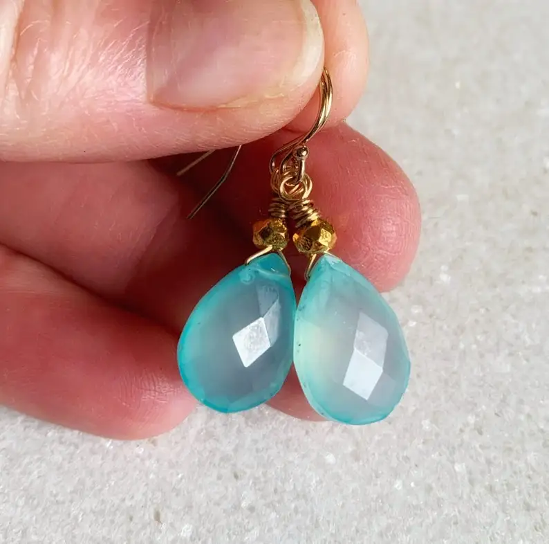 Gold aqua chalcedony earrings / Aqua chalcedony jewellery / Gift for her