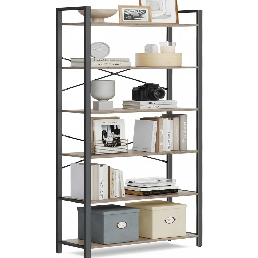 

6-Tier Industrial Bookshelf, Steel Frame Storage Shelf for Living Room Office Study, 73.2" Tall Heather Greige Black