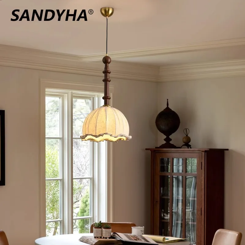 

SANDYHA French Fabric Pendant Lights Solid Wood Led Lamp Restaurant Lighting for Lighting Living Room Bedroom Decoration Home