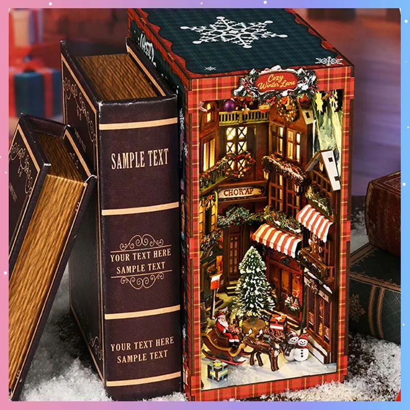 DIY Bookend Christmas Street Scene 3D Wooden Book Nook Model Handmade Assembly Building Puzzle For Adult Home Desktop Decor Gift