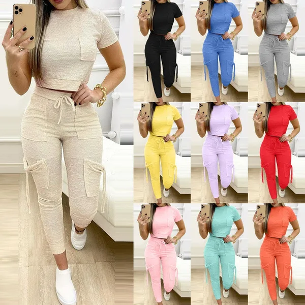 Tight Solid Color Two Piece Set Women Cropped T Shirt Slim Long Pants Leace-up Pocket Ladies Sets 2023 Spring Summer Sportswear