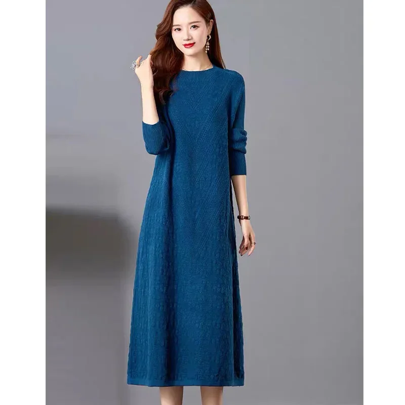 

Women Solid O-neck Screw Thread Long Dress Autumn Winter Loose Casual Commute Vacation Soft Wool Knit Dresses