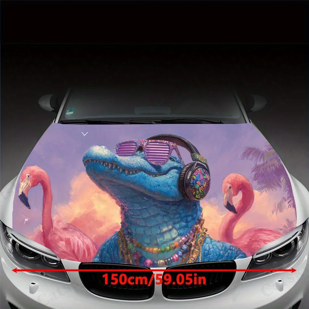 Hip - Hop Crocodile with Flamingos,Car Hood Decal, Self-Adhesive Waterproof PVC Car hood Sticker,Car Decoration Scratch Resistan