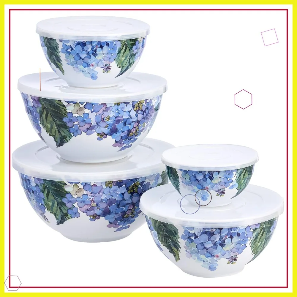

Набор из 5-ти мисок для смешивания с крышками и нескользящим основанием, 10 предметов, с цветочным дизайном, для хранения на кухне