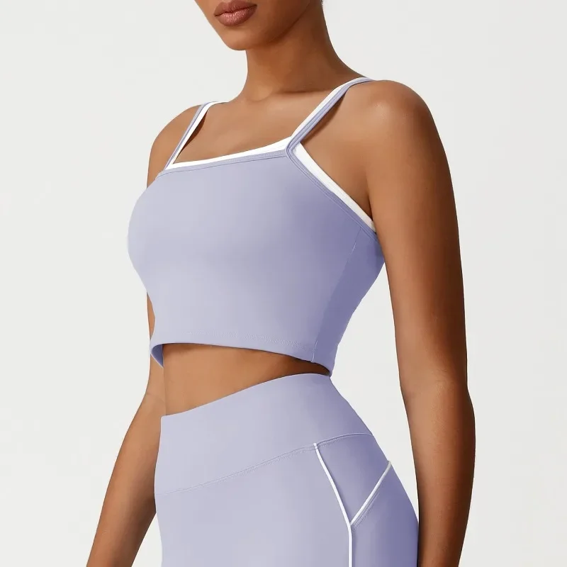 سترة يوجا نسائية بدون خياطة - قطعتين مزيفة مع حمالة صدر رياضية مبطنة قابلة للإزالة بدون ظهر وقابلة للتمدد والجري واللياقة البدنية بدون أكمام