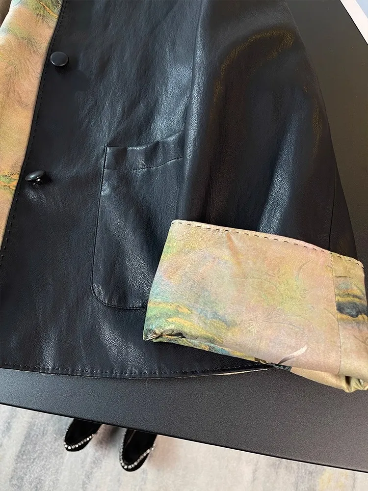 新しい中国風両面着用レザージャケット女性の秋の高級感覚ユニークな美しい長袖トップ