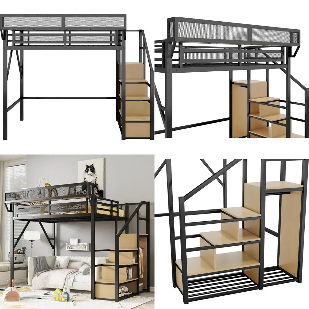 

Черная кровать-чердак с лестницей, местом для хранения под кроватью и шкафом для детей и подростков