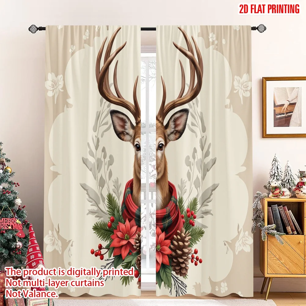 

2pcs 2D flat printing Merry Christmas Curtain Christmas Deer Holiday Nature Fabric Without Electricity Party & Holiday Decor
