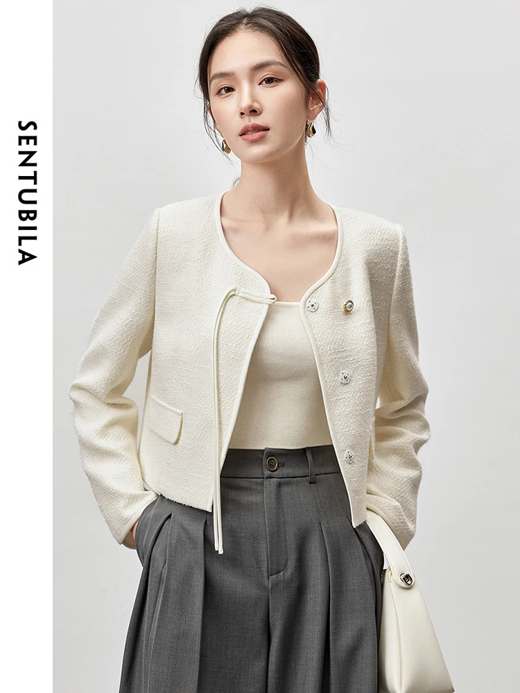 

SENTUBILA Women Texture Tweed Jackets 2024 Autumn Round Neck Long Sleeve Pearl Single Breasted Elegant Coat 143W55895