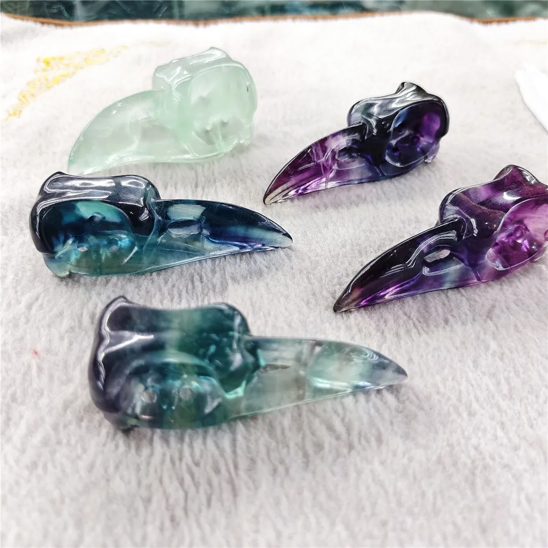 8cm Macaron Color Natural  Fluorite Crystal Quartz Carved Crow Bird Head Skull Mineral Stone Wicca Craft 2025 Witchcraft