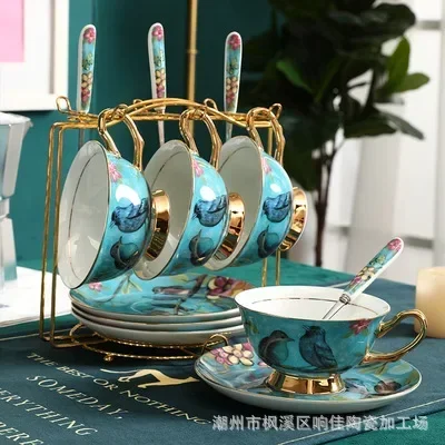 European Bone China Coffee Set Luxury Porcelain 6 Tea Cups Saucer Set with Gold Rack Ceramic Coffee Cups Afternoon Teatime Cafe