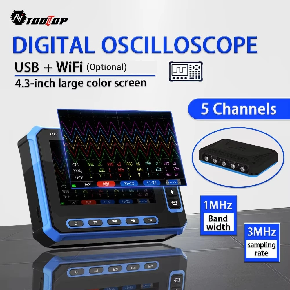 Oscilloscope numérique USB et WiFi TOOLTOP OS-5C, 5 canaux, bande passante 1 MHz, oscilloscope sans fil 4,3 pouces, test électronique en laboratoire