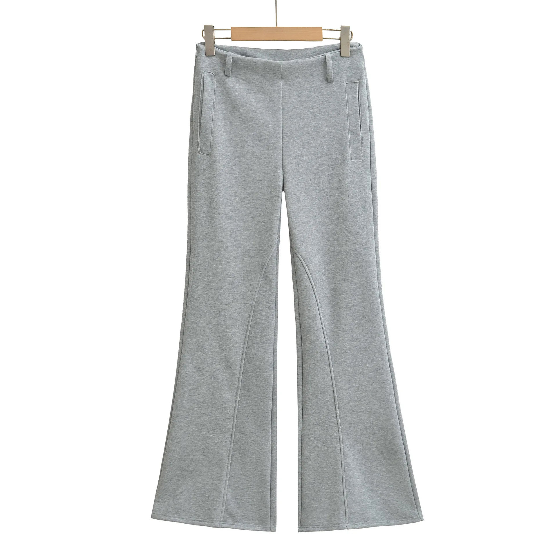 Grey Flare Leg Pants With Smooth Soft Pockets For Women High Waist Trousers For Daily Wear And Stylish Style Casual Pants FQO0
