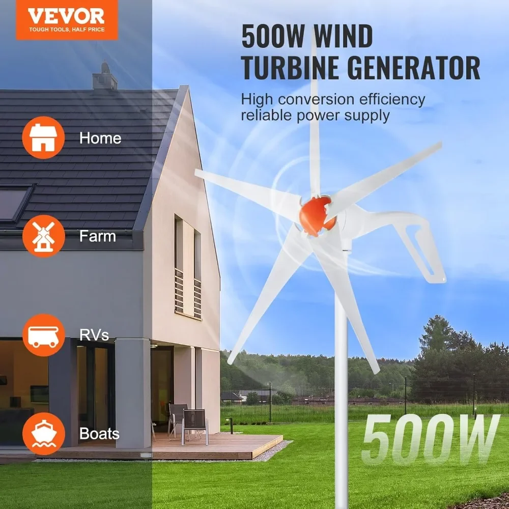 500W Wind Turbine Generator,5-Blade Wind Power Generator with MPPT Controller, Adjustable Windward Direction&2.5m/s Start Wind