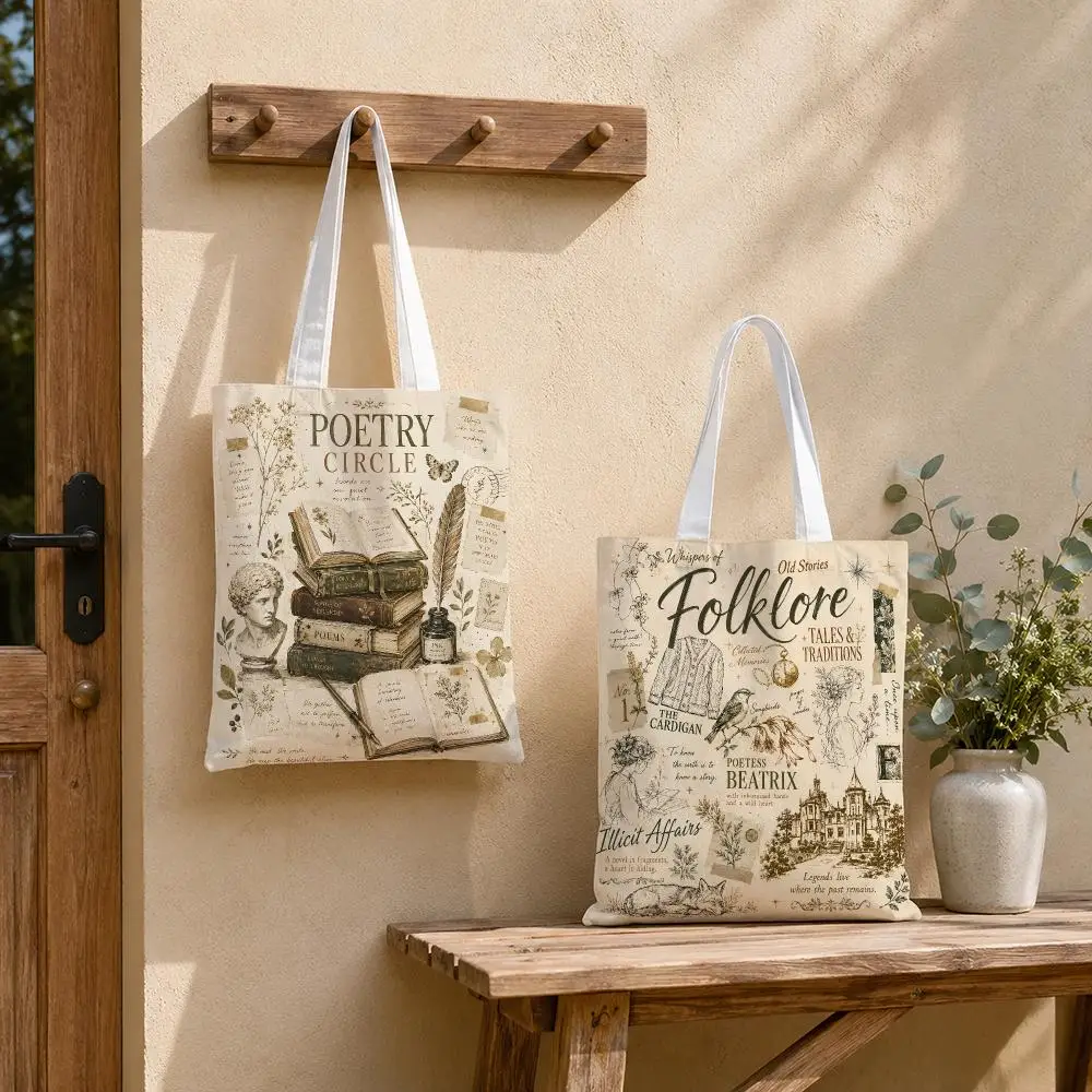 Vintage Literary Botanical Collage Storage Bags Tote Bag Reusable Shoulder Shopping Foldable For School Work Travel Daily Use