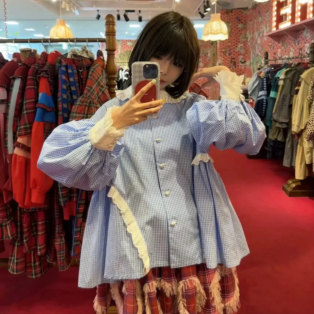 Japan Style Spring Autumn Puff Long Sleeve Women Blouses Elegant Lace Peter Pan Collar Top Single-breasted Loose Cardigans Shirt