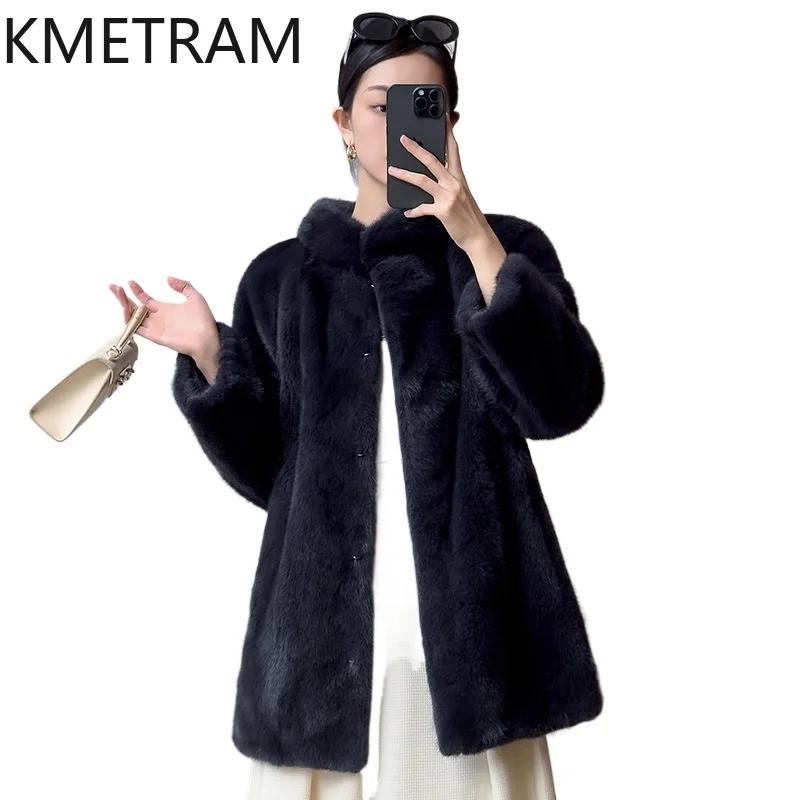 Real Mink Fur Coatผู้หญิงหรูหราสีน้ําเงินเข้มกลางความยาวเสื้อขนสัตว์คุณภาพสูงฤดูหนาวเสื้อผ้าผู้หญิงFurryแจ็คเก็ต 2025 Fourrure
