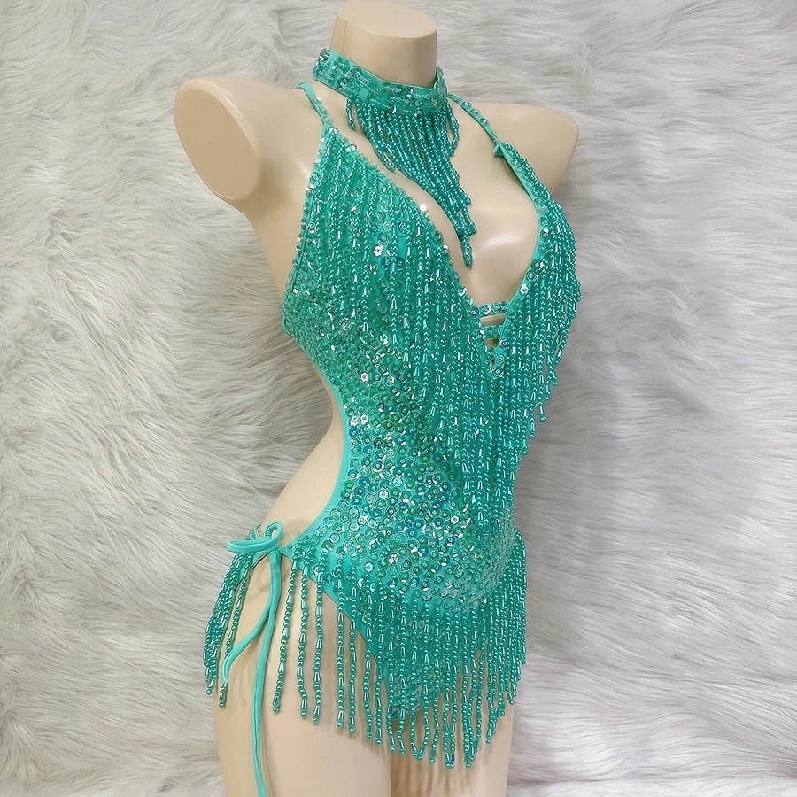 New Shiny Costume For Women Beading Sequin Tassel One-Piece Bodysuit Sexy Clubwear Party Outfit Stage Performance Dance Clothes