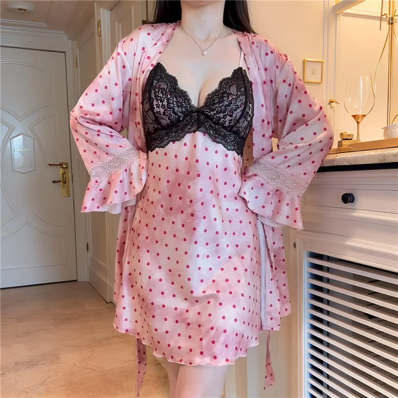 【ADORN】Women's Sweet V-Neck Nine-Point Sleeve Nightgown Polka Dot Satin Lace Lazy Nightdress Outer Robe Pink One Size