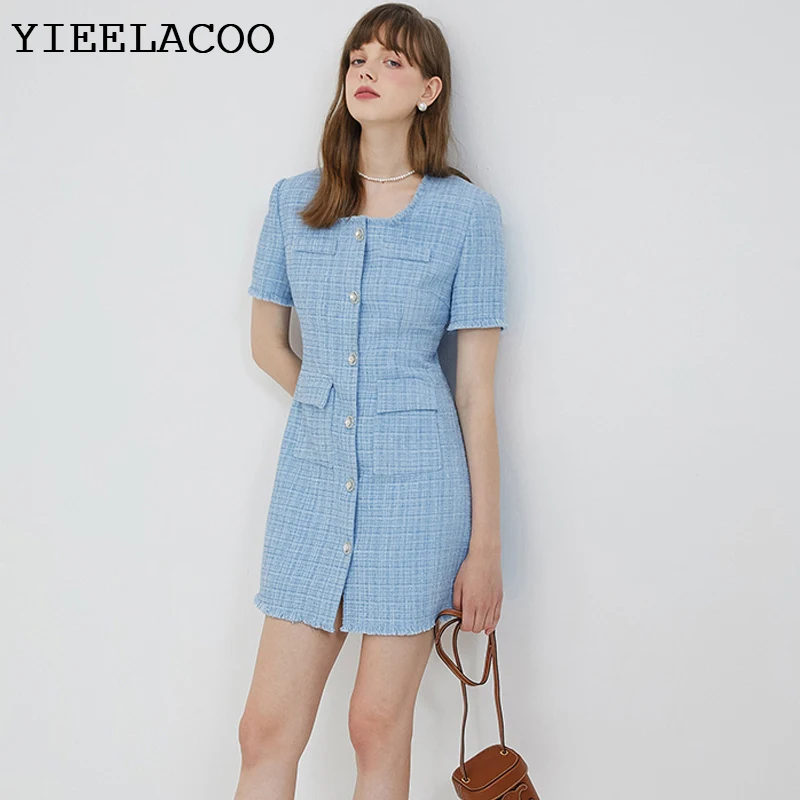 Tweed Dress Blue WomenSpring/ autumn  New Elegant knee-length Mini dress ladies slim bottoming dress one-piece