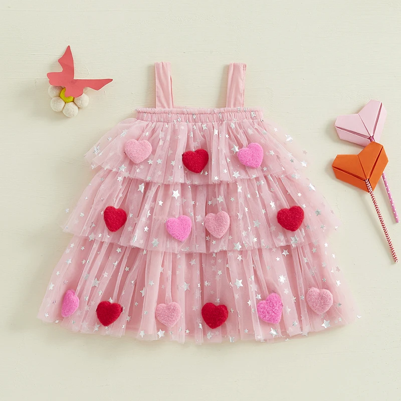 

Kids Girl Cute Valentine Day Dress Star Print Square Neck Sleeveless Layered Tulle Dress with 3D Heart 1-9 Years