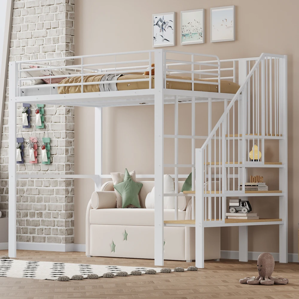 Stabiles Hochbett aus Metall, 90 x 200 cm/140 x 200 cm, mit geräumigem Stauraum unter dem Bett und Treppe für Kinder und Erwachsene, Bettgestelle und -gestelle – Detail 27