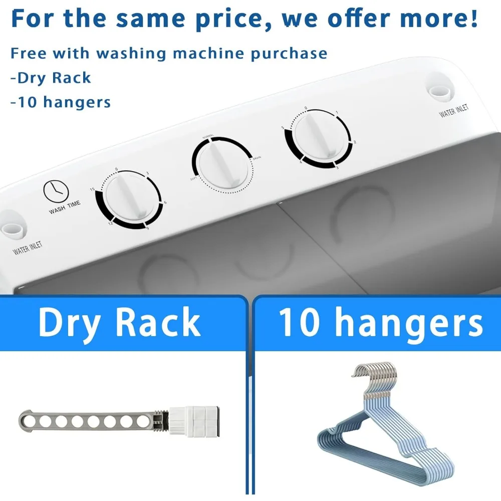 Portable Twin Tub 18lbs Washing Machine with Drying Rack and 10 Hangers, 11lbs Washer Mini Compact Laundry Machine