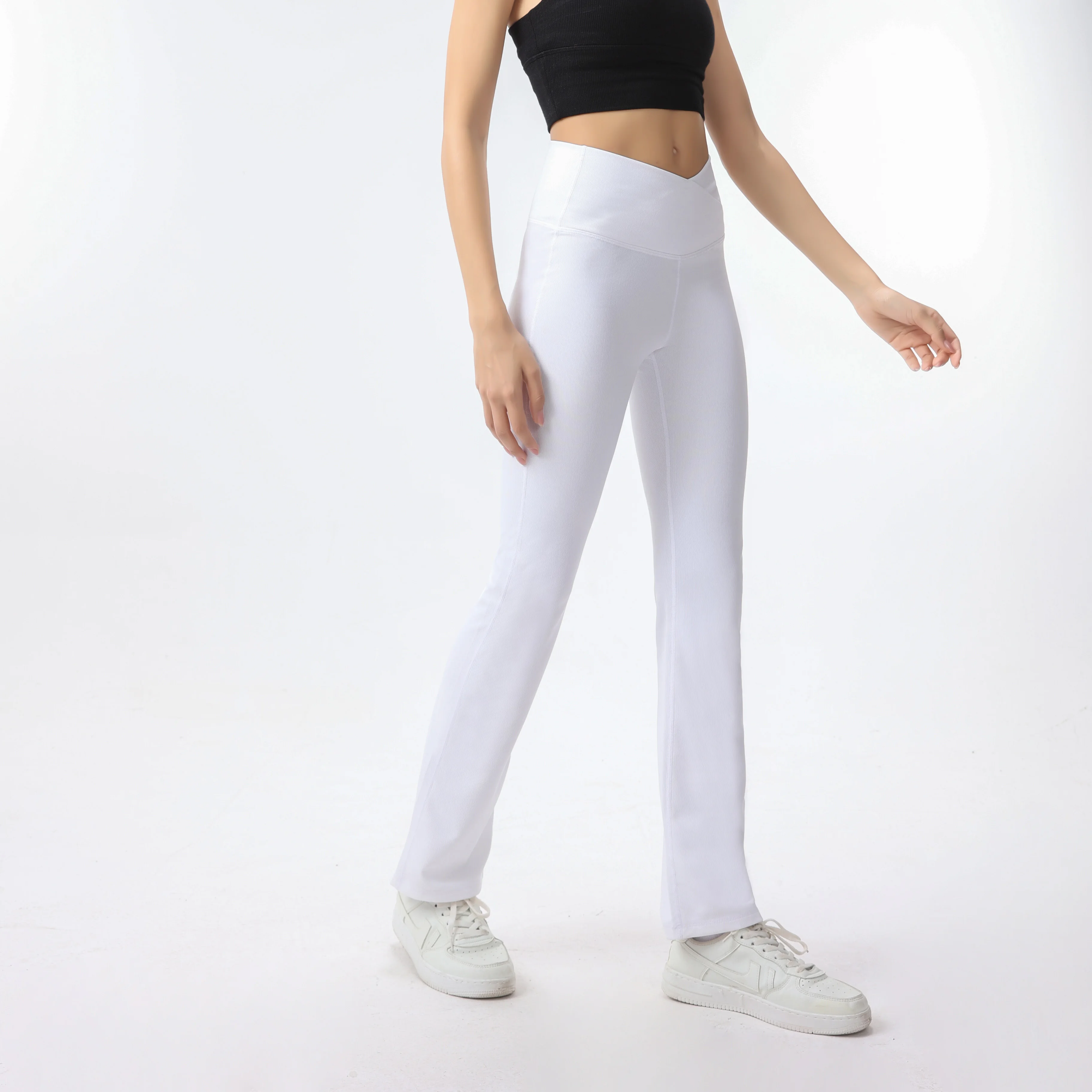 Wide Leg Yoga Pants White Ribbed Cross Waist Seamless Activewear Bottom