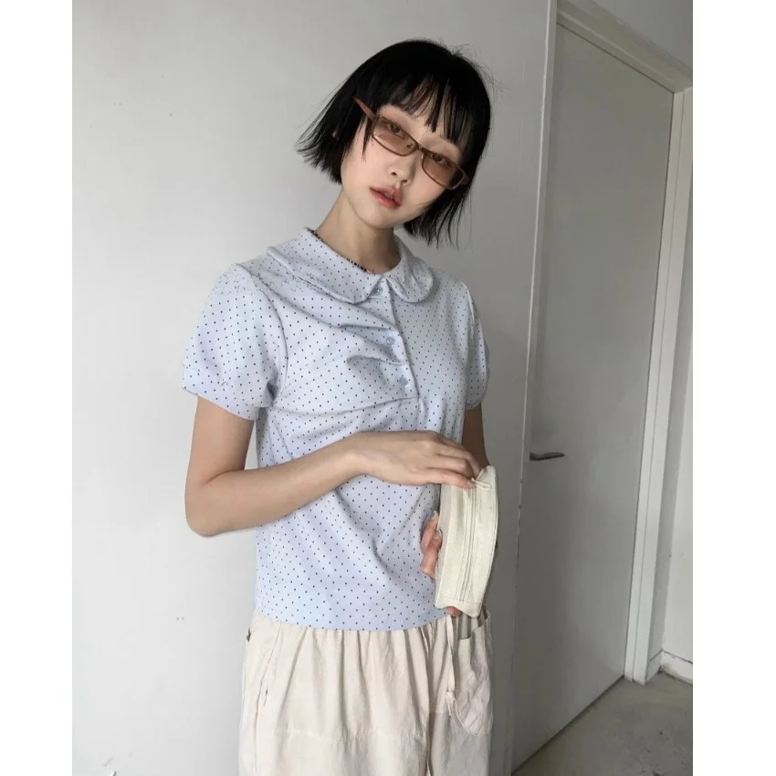 

Casual Polka Dot Pleated irt ort Sve Doll Collar Turn-down Collar Cotton Polyester Blend Summer Thin Fabric Women's Top