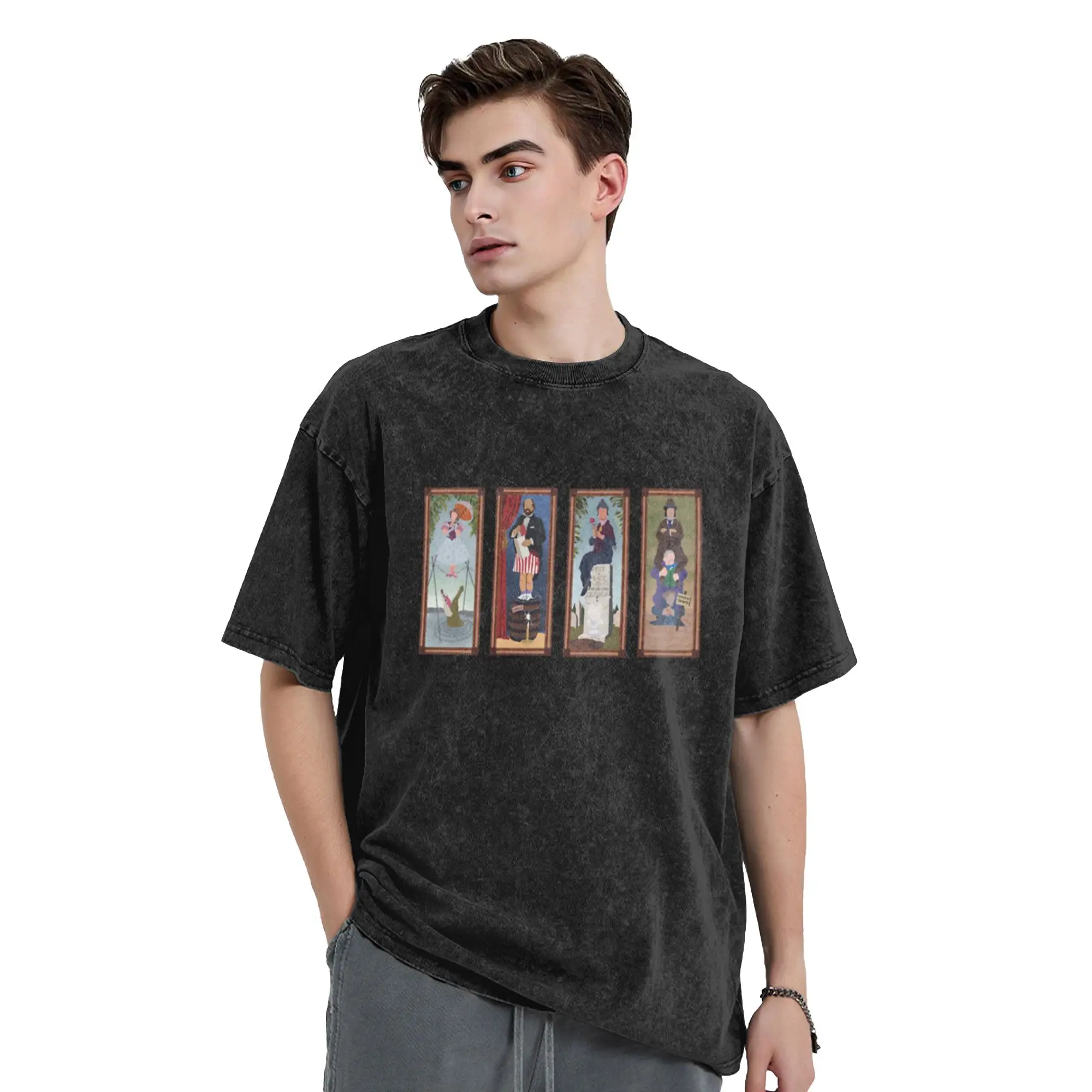 Minimalist Haunted Mansion Stretching Room Portraits  Unique Trendy A Washed T Shirt Men's Women's Oversized Cotton Tees Tops