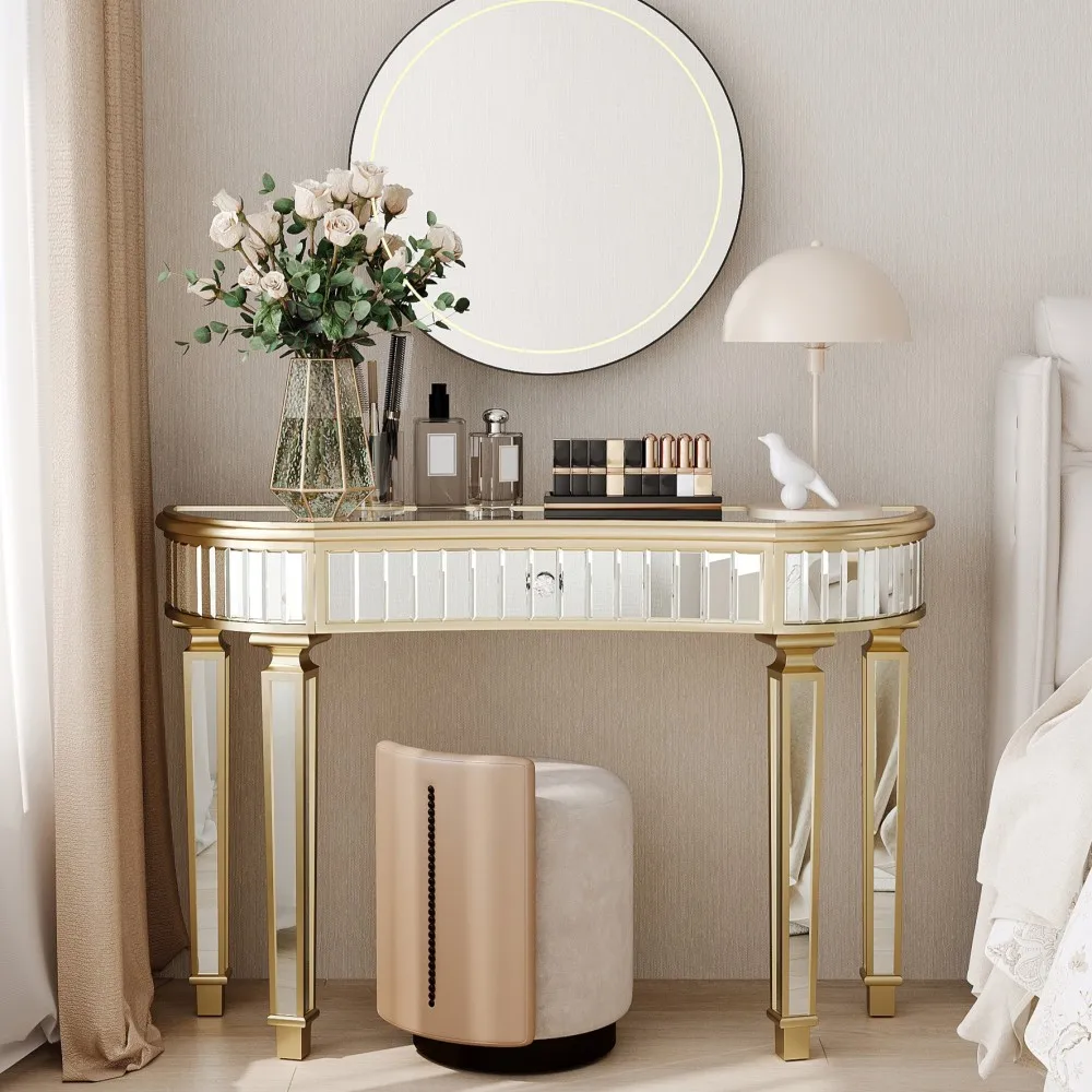 Tavolino consolle a forma di mezzaluna con specchio, dimensioni 120x38x78 cm, tavolino da divano in vetro lavorato con finiture eleganti e cassetto con maniglia in cristallo, struttura in legno