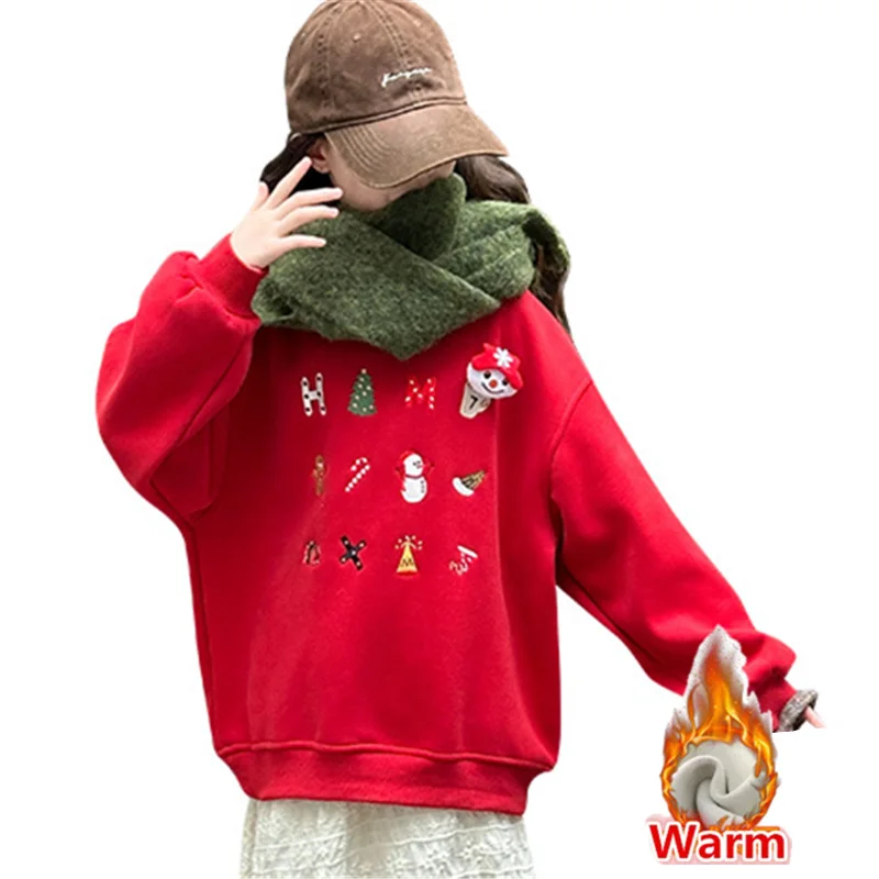 

Winter Warm Girls Christmas Sweatshirt for Children Velvet Lined Tee Tops Kids Insulated Chinese New Year Red Clothing For Teens