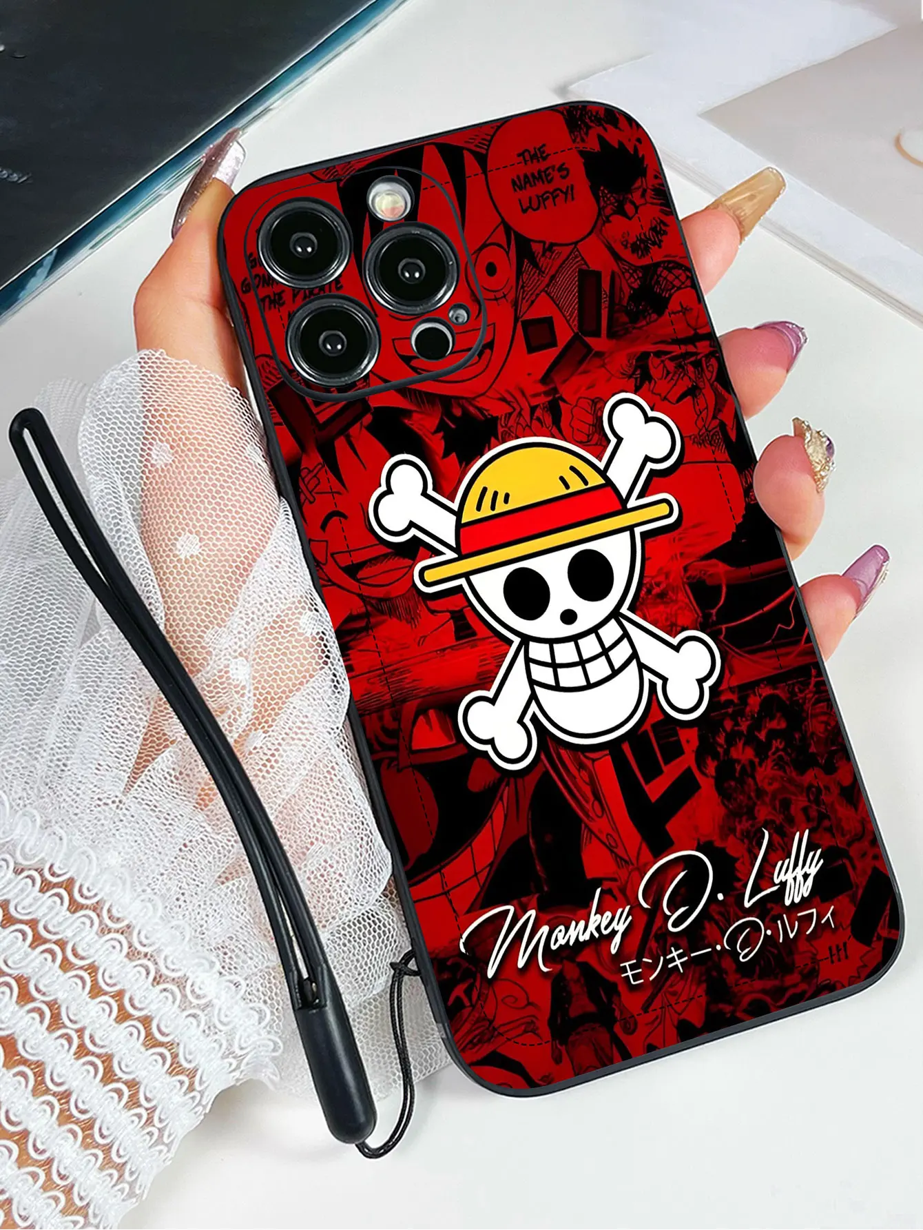 TPU black silicone bracelet phone case with “ONE PIECE” pattern,for iPhone6,7,8,X,11,12,12,14,15  Pro Max, Mini, Plus, XR Cover