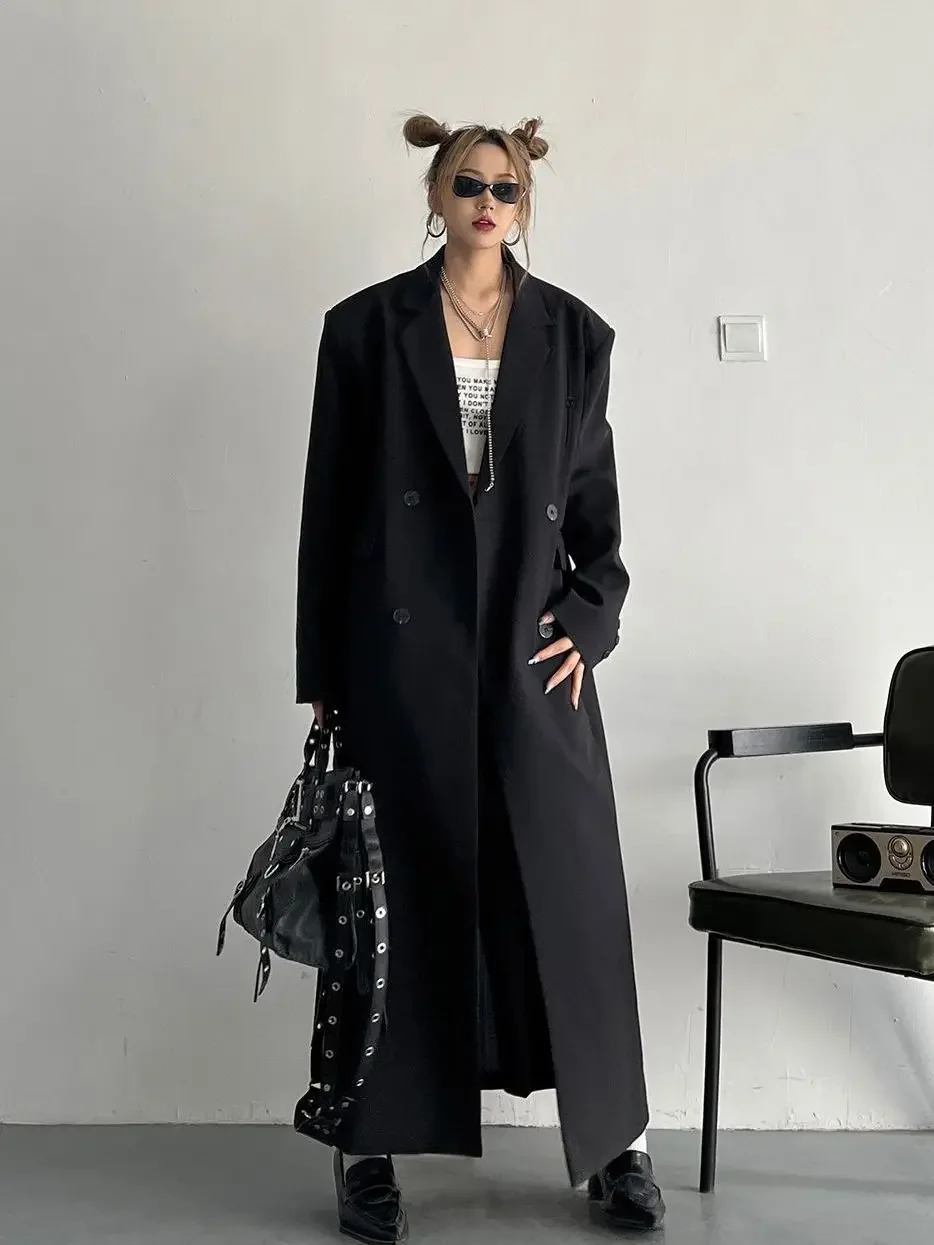 

Black Female Trench Coat Winter Slim Turn Down Gathered Turn-Down Decoration Large Wrinkled Gradient Early Elastic Fiber 2025