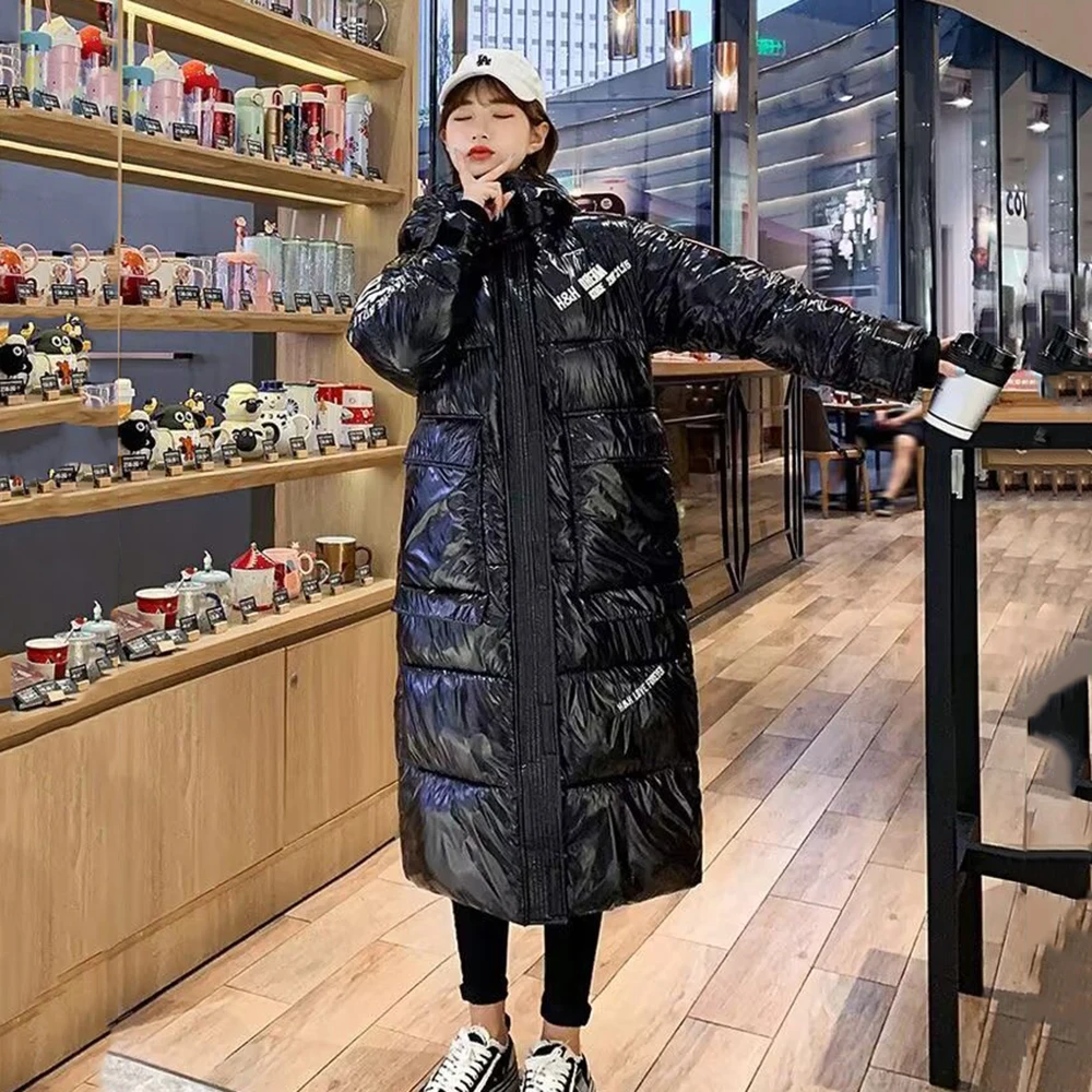 Bright Long Eiderdown Cotton-padded  Female 2023 Winter New Loose Fashion Slim Hooded Casual Cotton-padded Clothes Tide.