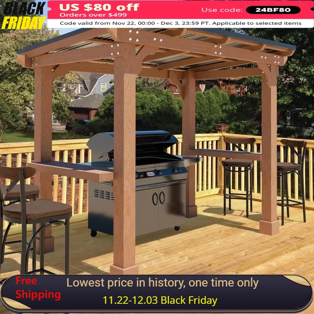 8 X 5 FT Outdoor Wooden Grill Gazebo with Sloping Metal Roof, 2 Full Size Grills, BBQ Canopy