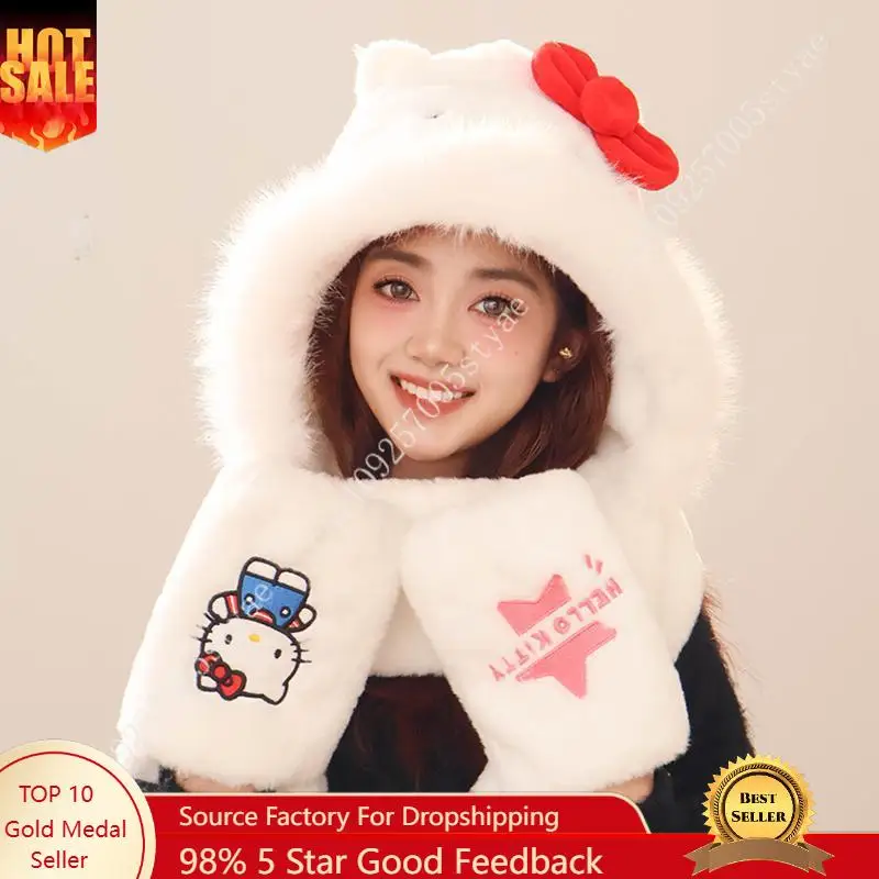 

Sanrio Hello Kitty Authentic Plush Hat, Scarf, and Gloves Three-Piece Set for Warmth